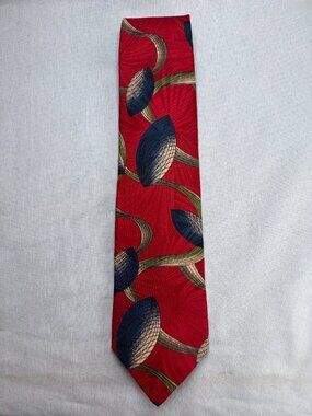 Valentino Silk Tie Red Leaf Ribbon Print Italy